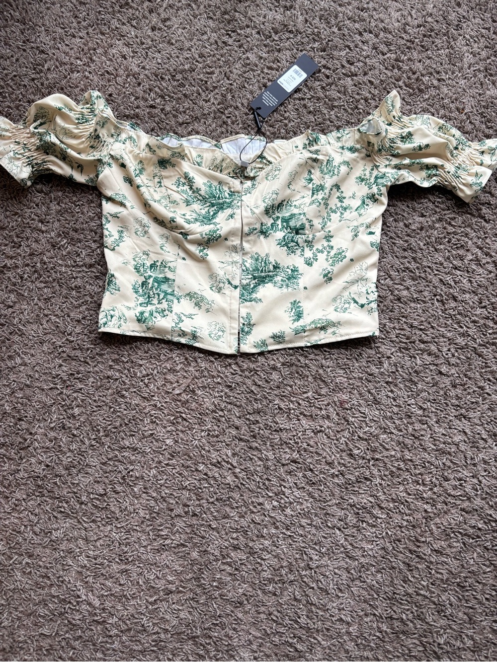 Fashion Nova Cream Off-Shoulder Crop Top with Green Toile Print